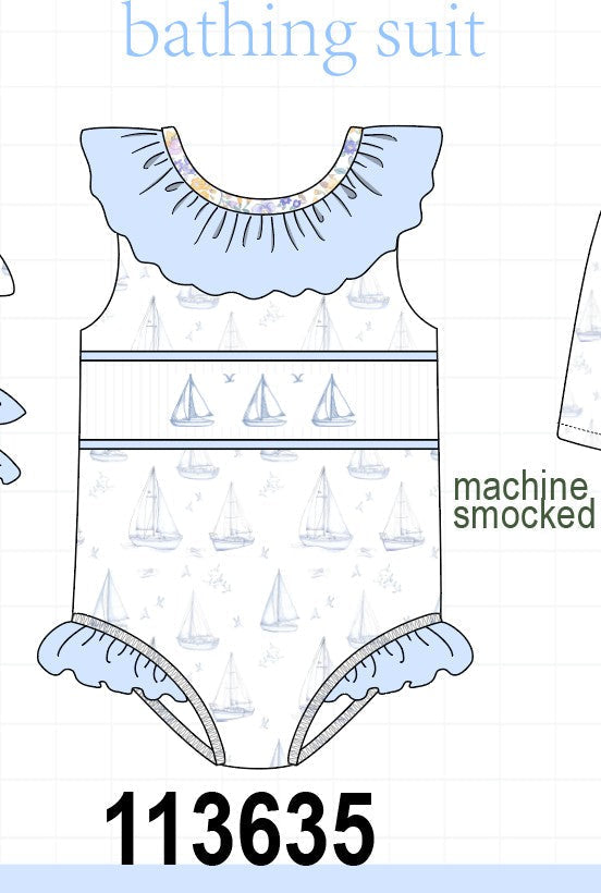 Blue Sailboat Smocked One-Piece Swimsuit