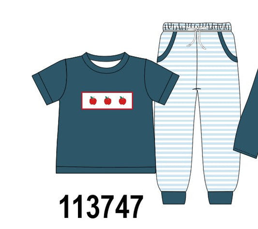 Teal Apple Embroidered Stripe Pants Set