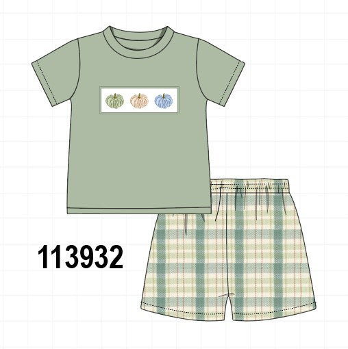 Green Pumpkin Embroidery Plaid Shorts Set