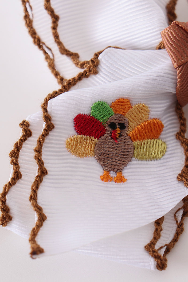 Brown turkey embroidery crochet edge hair bow