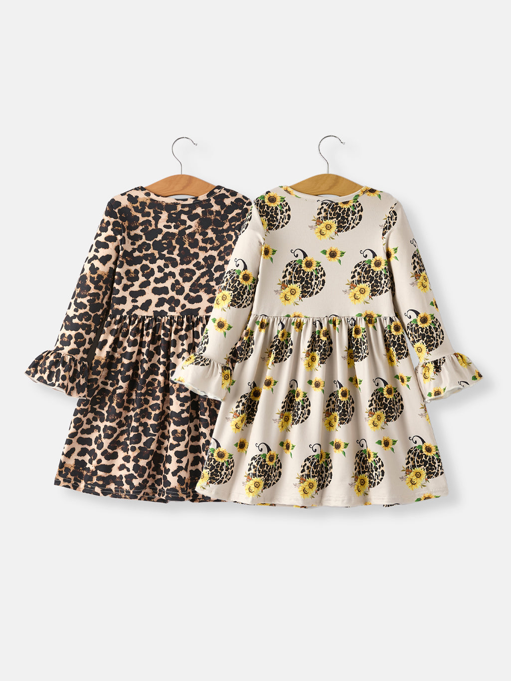 Fall Pumpkin Leopard Print Autumn Girls Ruffle Two-Piece Dress