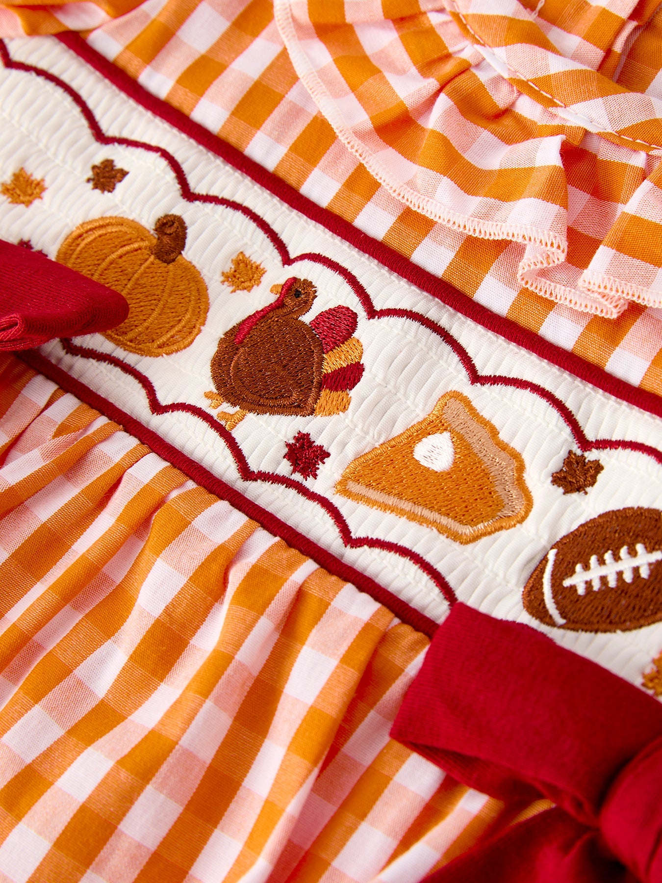 Turkey Fall Embroidered Romper for Baby Girls – Orange Checkered with Halloween Details
