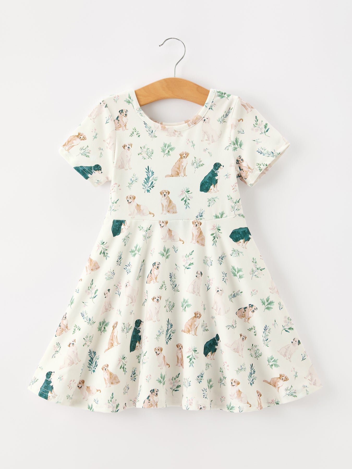 Neutral Puppy Floral Twirl Girls Dress