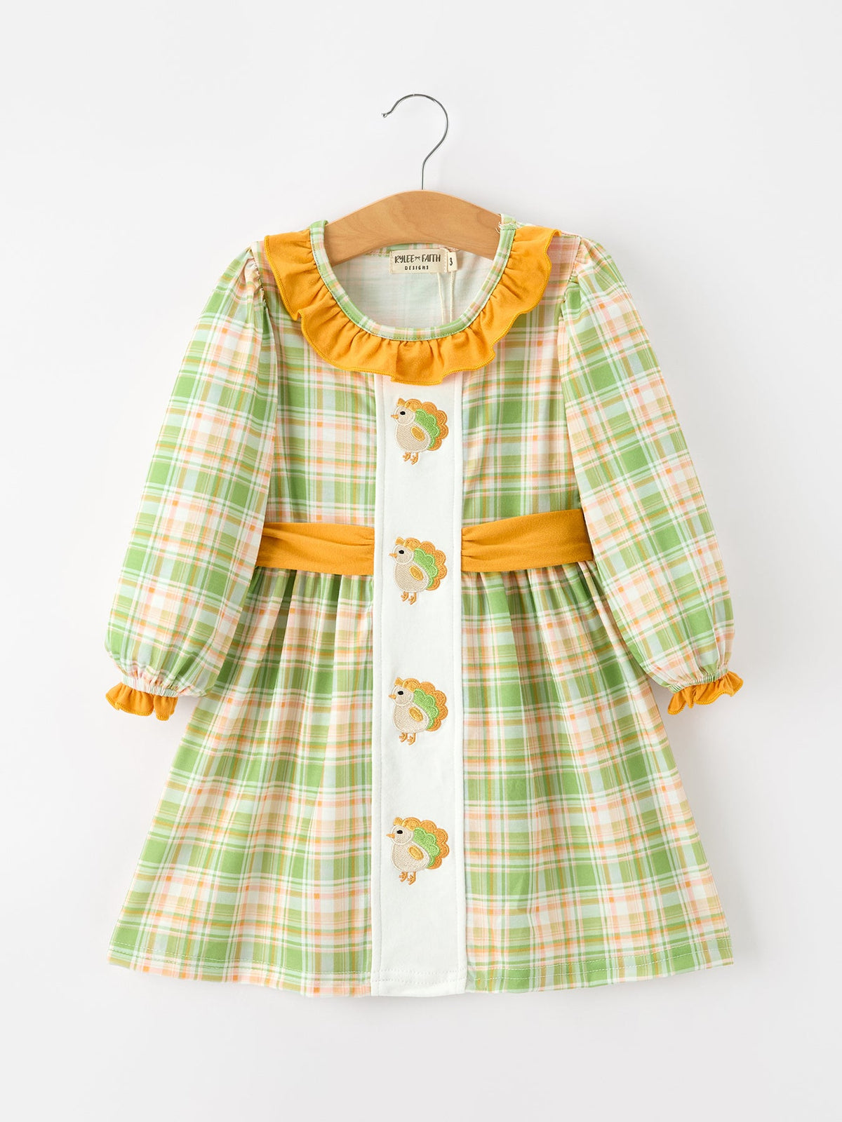 Thanksgiving Turkey Applique Plaid Girls Long Sleeve Dress