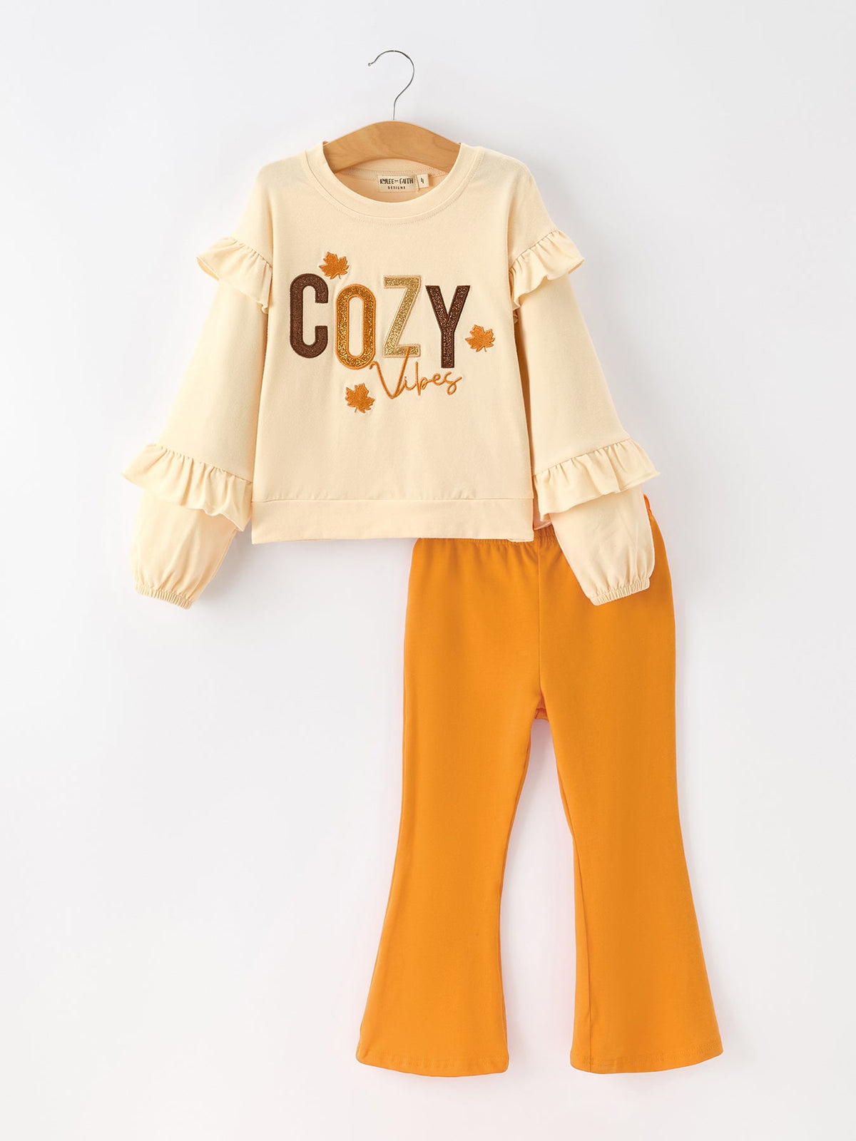 Fall Cozy Girls Ruffle Top Bell Bottom Pants Set