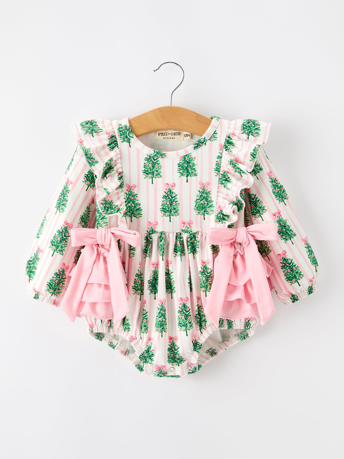 Christmas Tree Print Ruffle Bow Baby Girl Bubble Romper