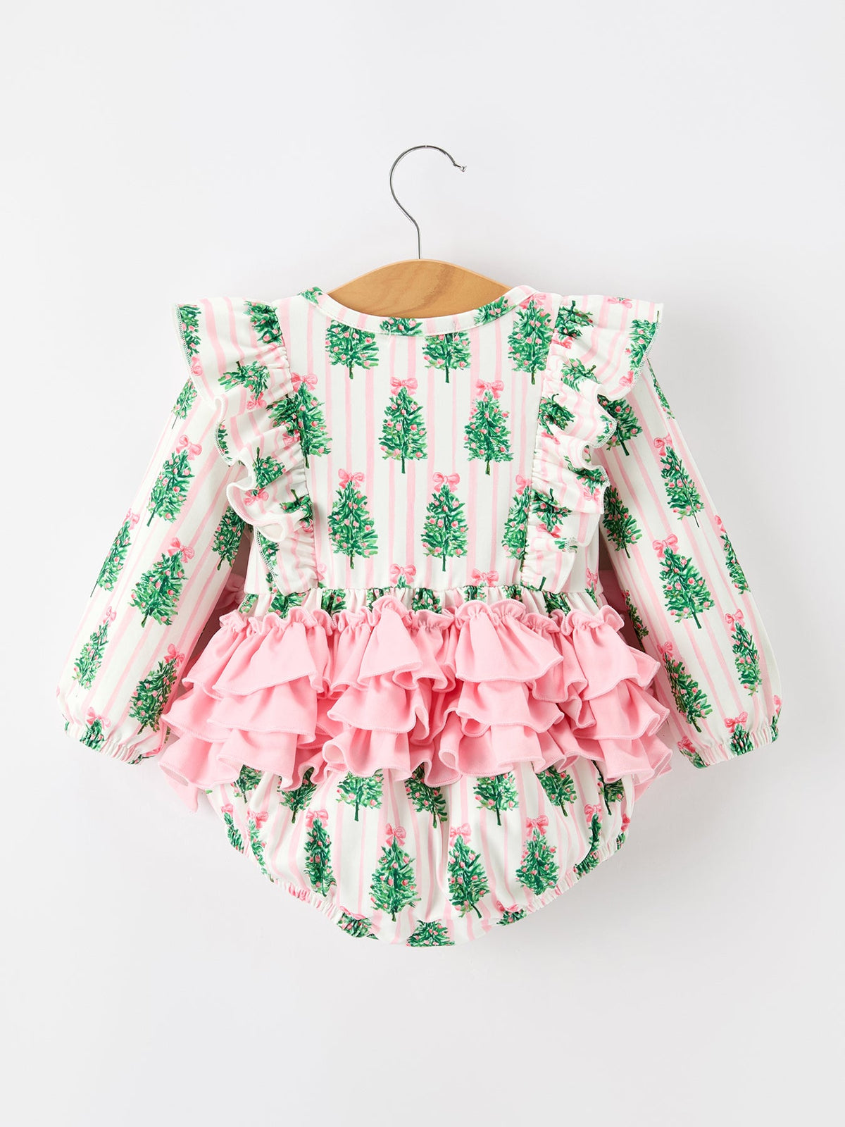 Christmas Tree Print Ruffle Bow Baby Girl Bubble Romper
