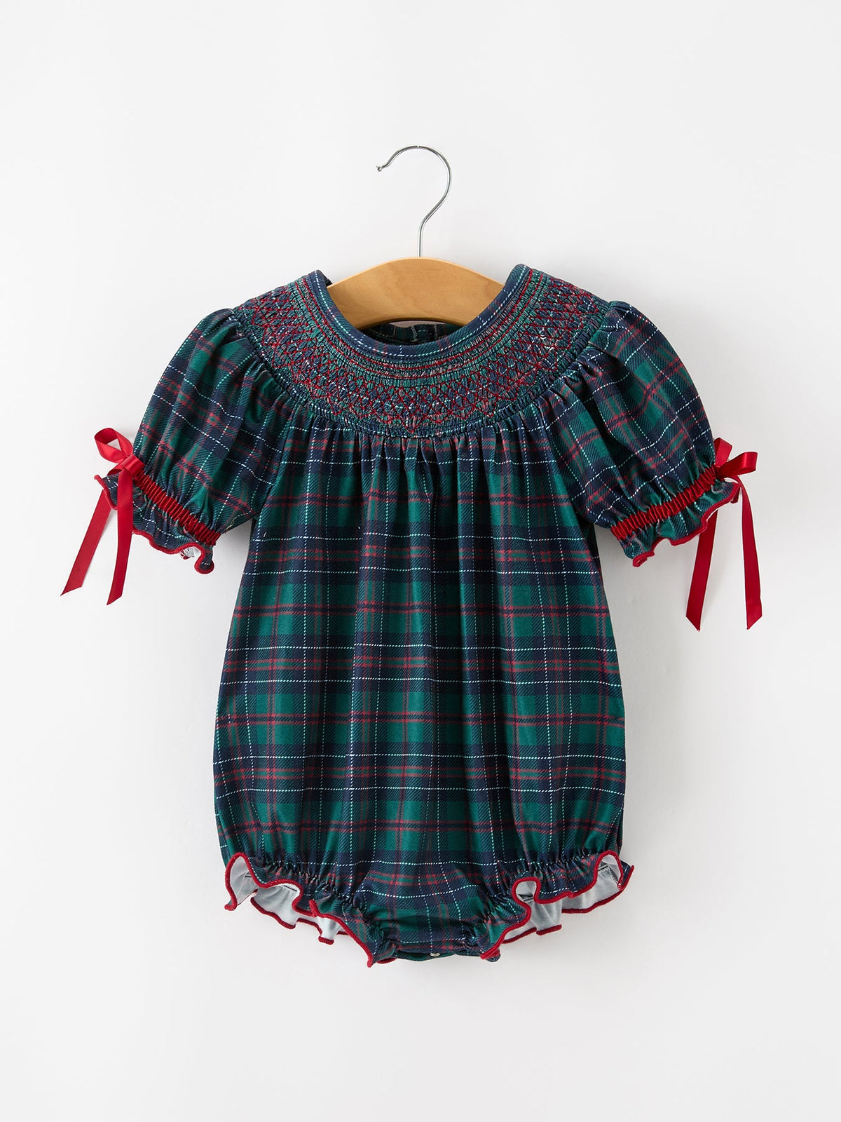 Girls Christmas Plaid Smocked Bubble Romper