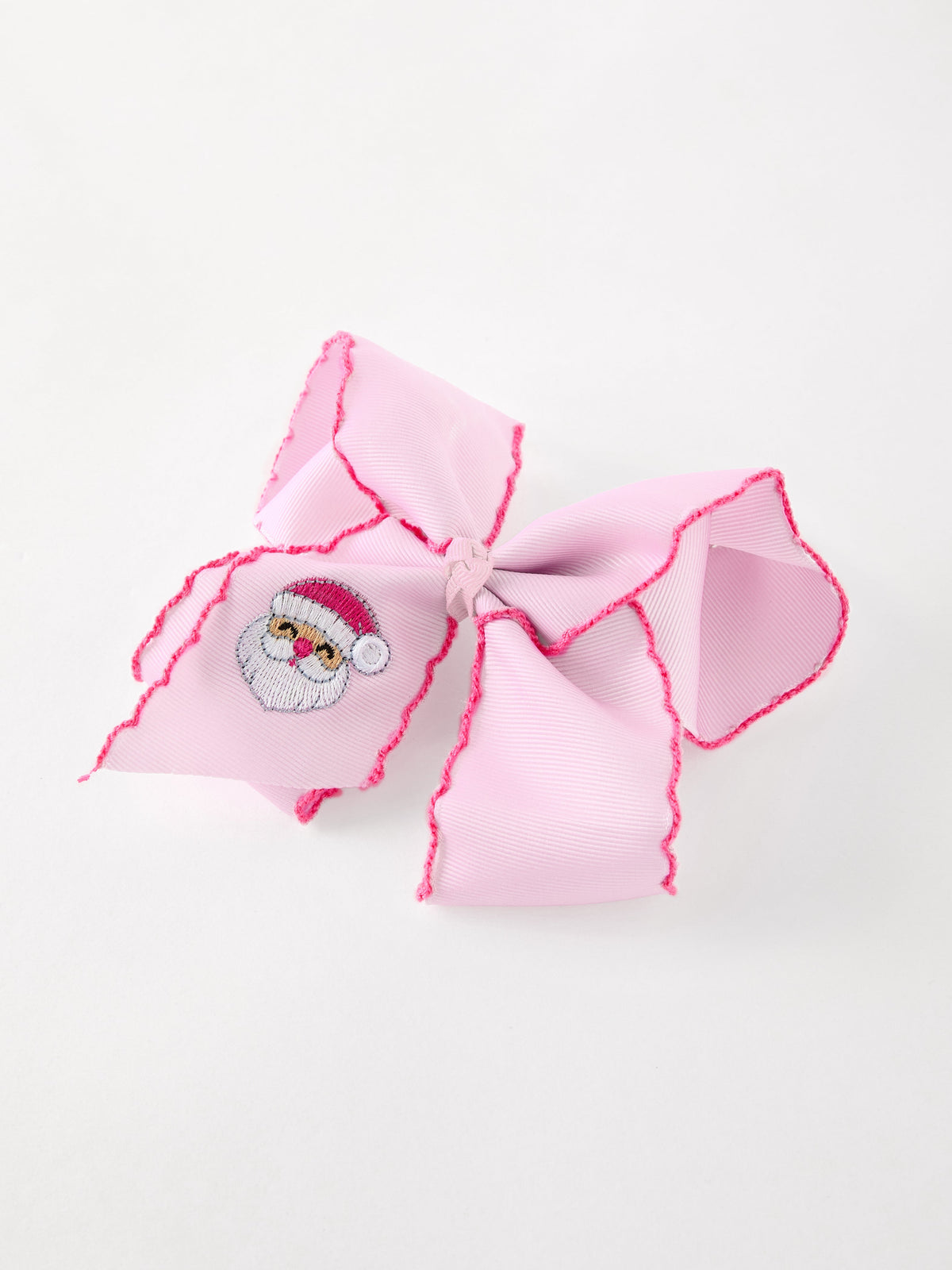 Girls' Christmas Santa Embroidered 6.25" Hair Bow – White/Pink