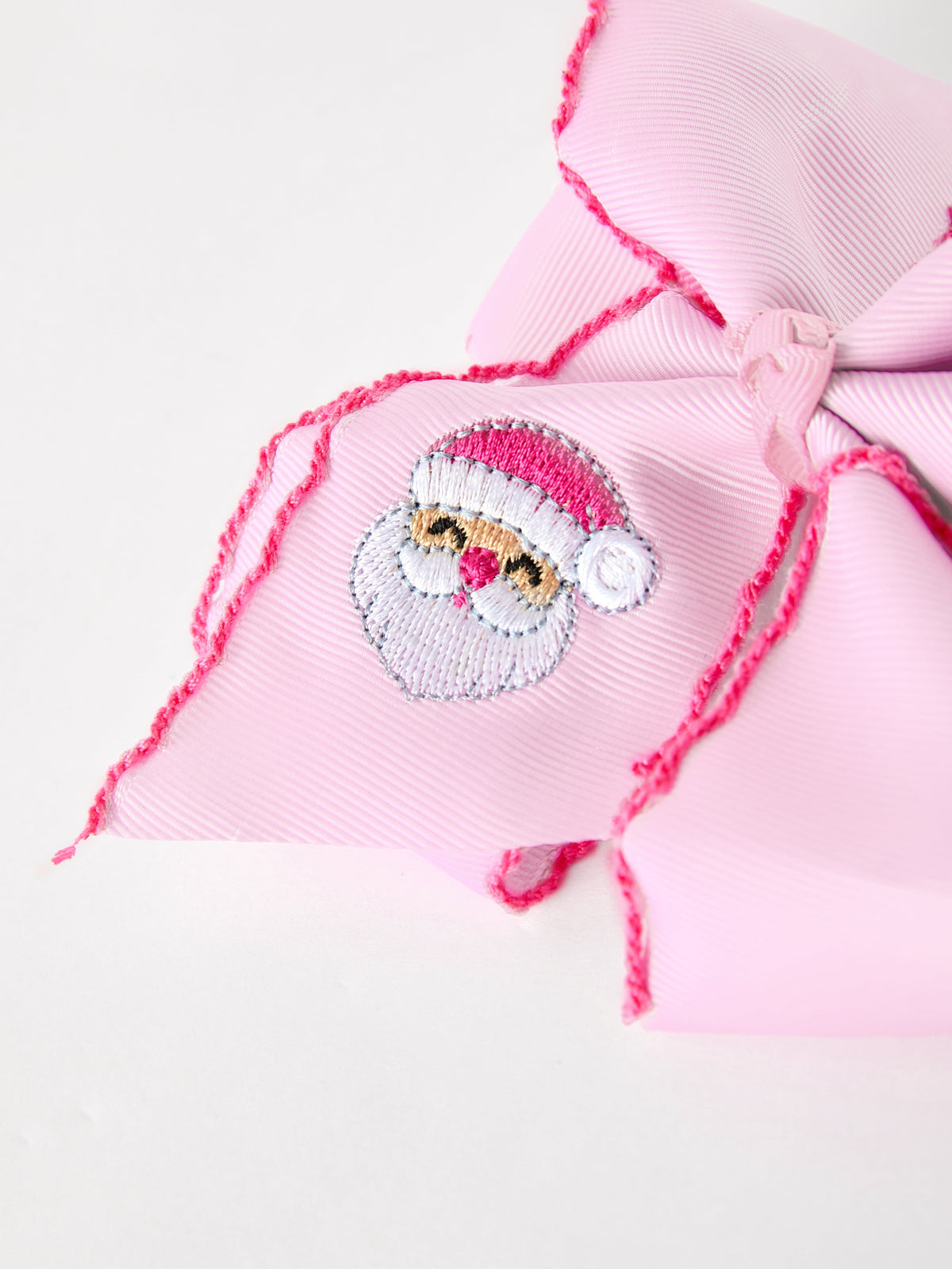 Girls' Christmas Santa Embroidered 6.25" Hair Bow – White/Pink