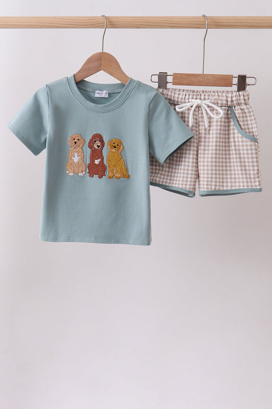 Blue gray Puppy embroidery shorts set