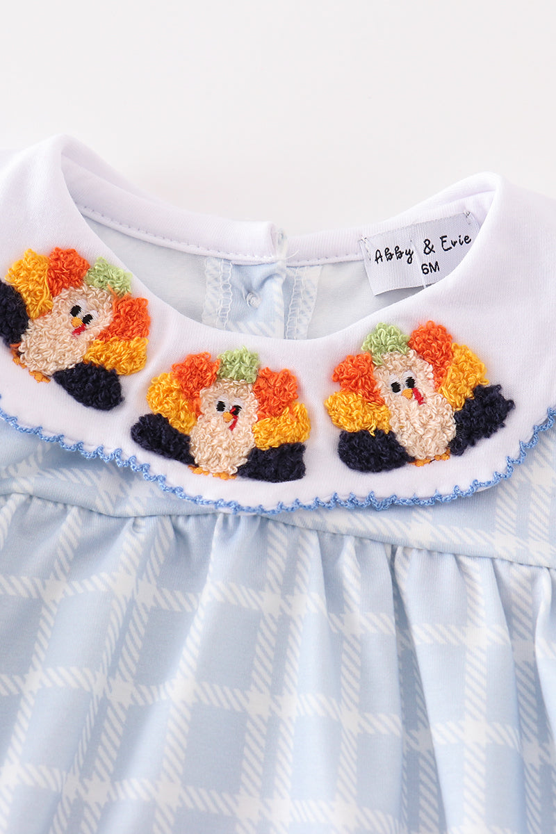 Teal thanksgiving turkey french knot plaid girl bubble
