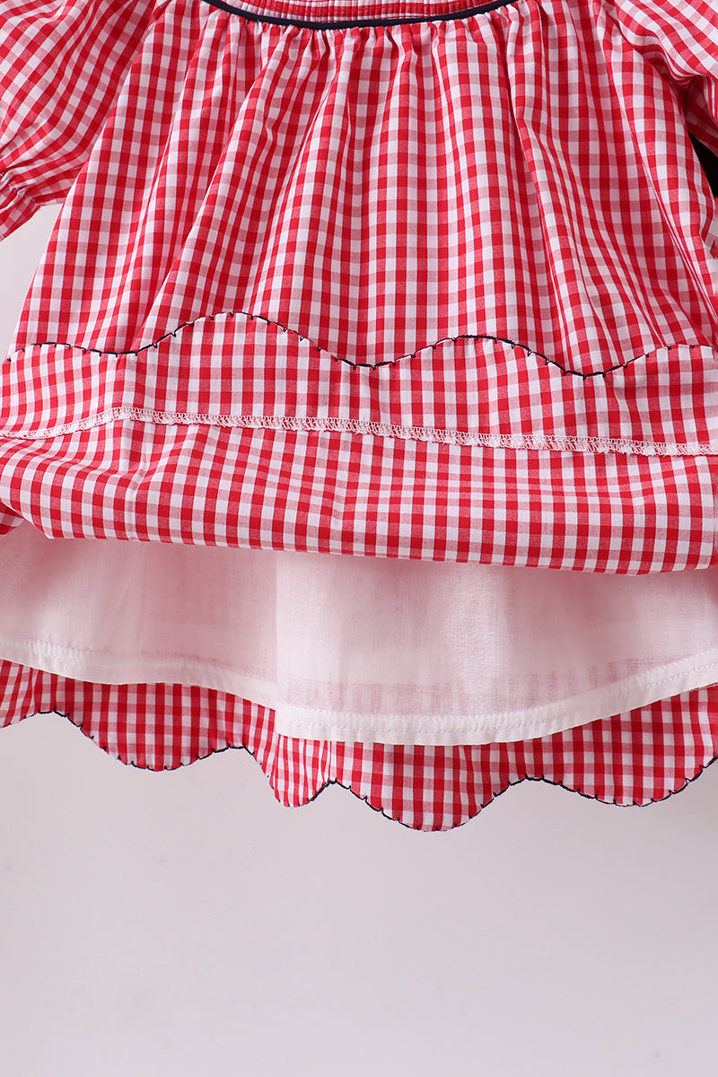 Red flag smocked gingham ruffle shorts set