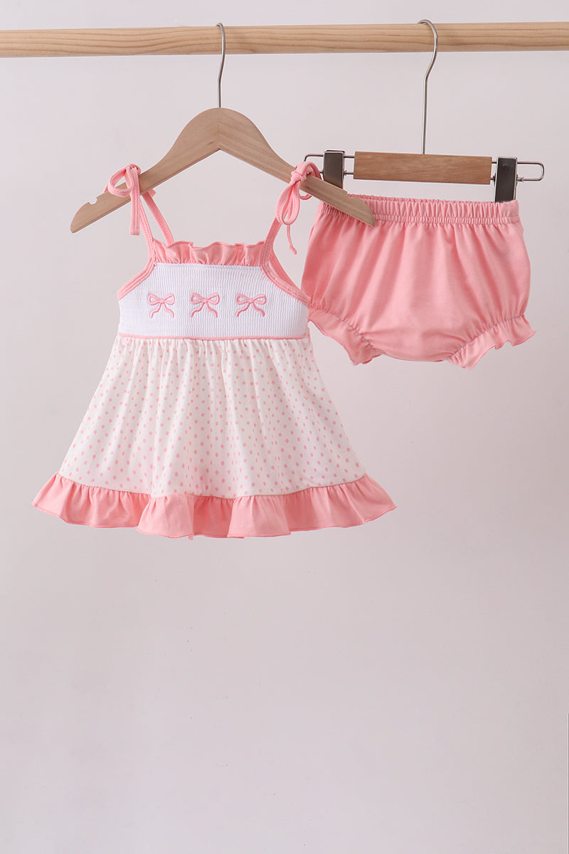 Pink bow smocked dot ruffle bloomer set