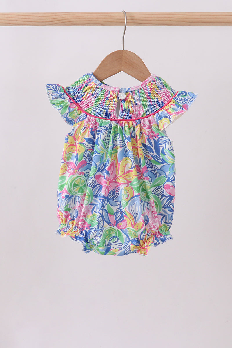 Tropical floral smocked ruffle bubble