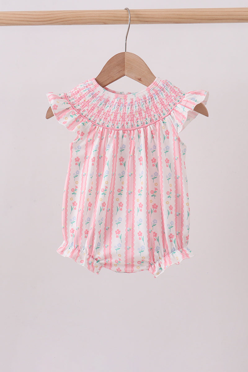 Blush floral smocked ruffle bubble