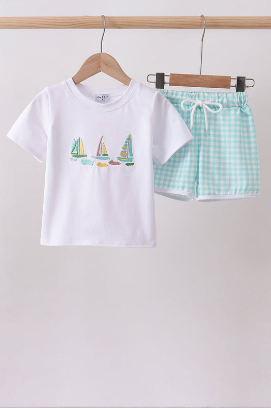 White sailboat embroidery shorts set