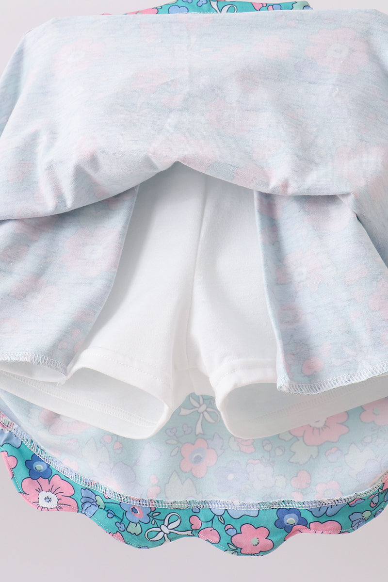 Pink&green floral bow skorts set