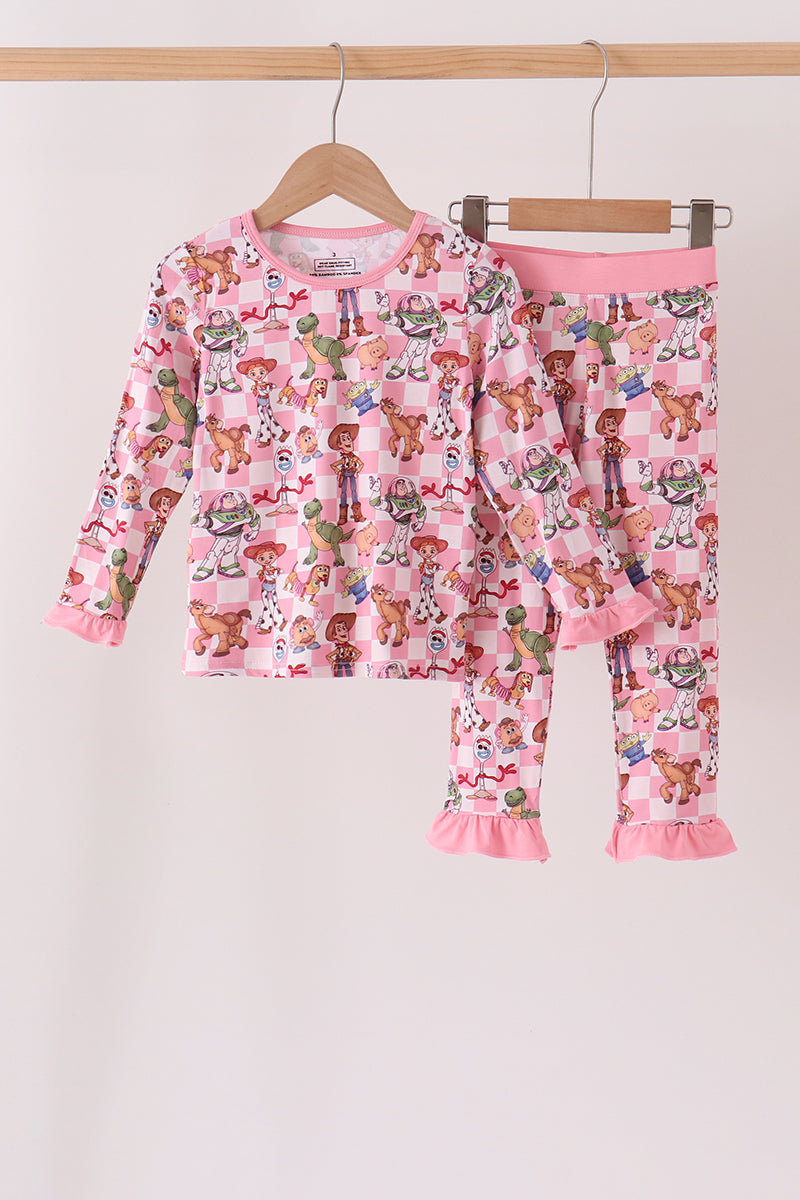 Pink character checkered bamboo ruffle pajama set