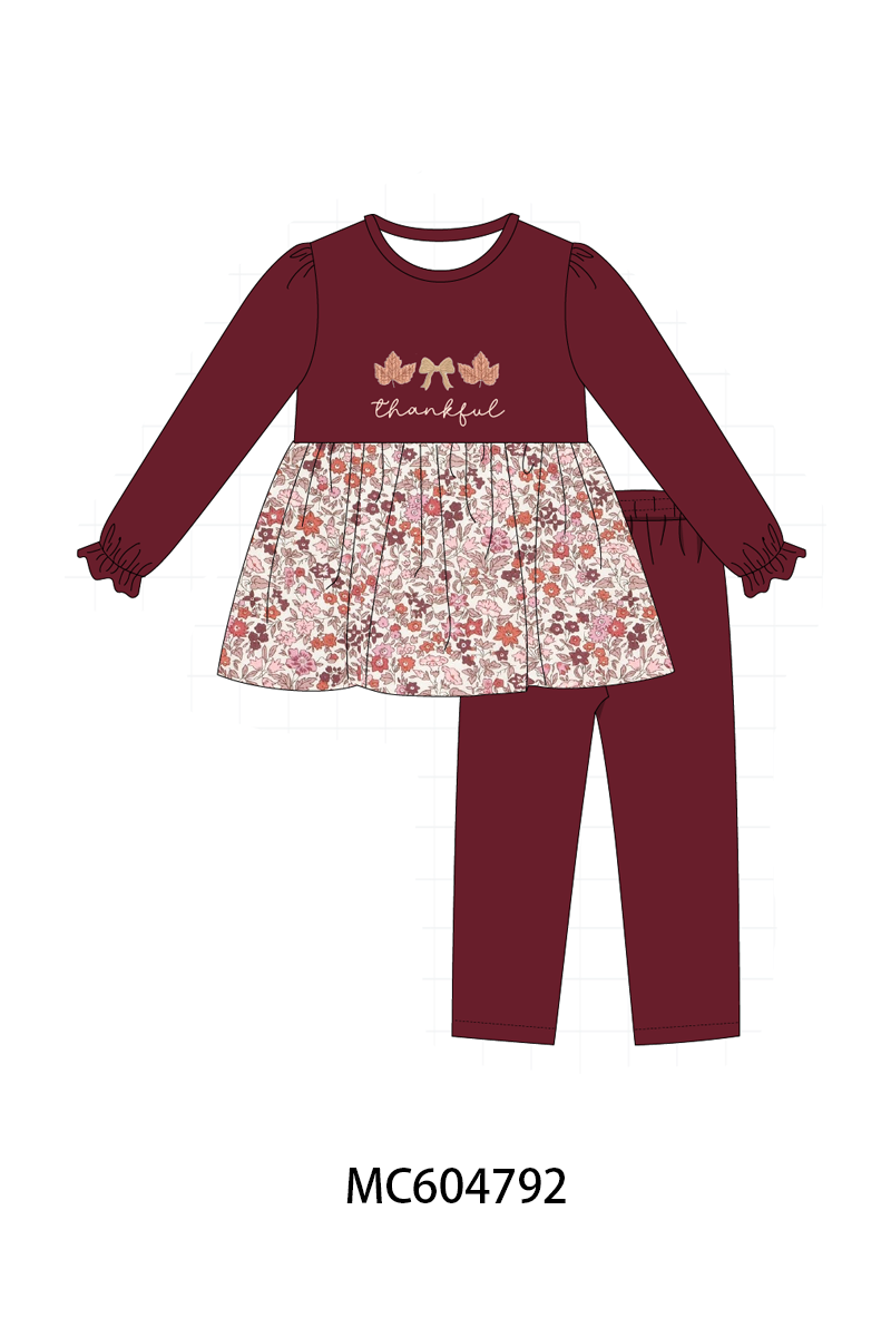 Maroon thankful floral leaves embroidey pants set