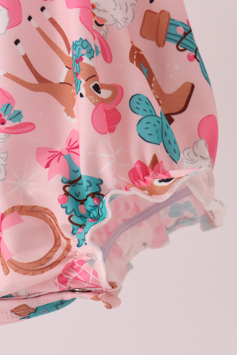 Pink Cowboy Santa Embroidery Ruffle Bubble