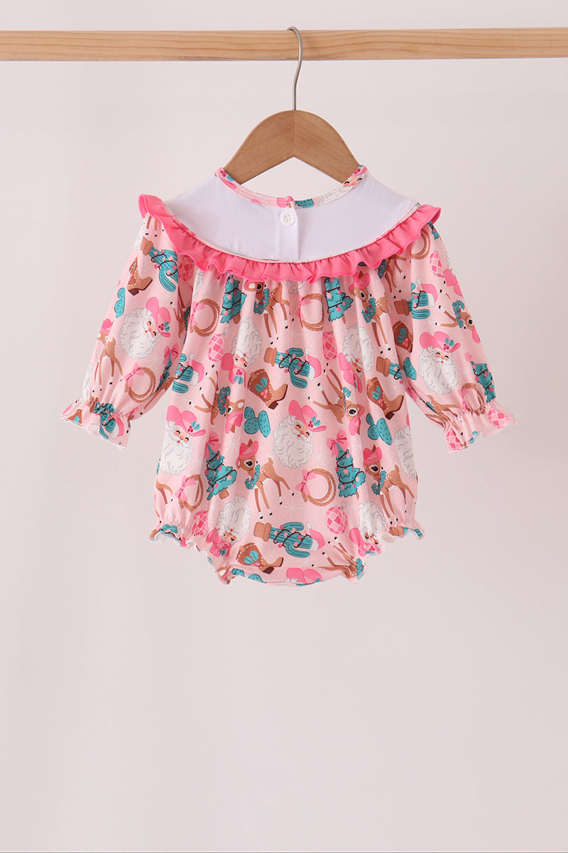 Pink Cowboy Santa Embroidery Ruffle Bubble
