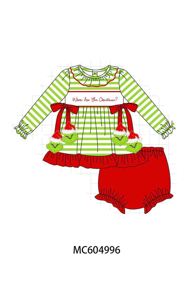 Green Stripe Grinch Applique Bloomer Set
