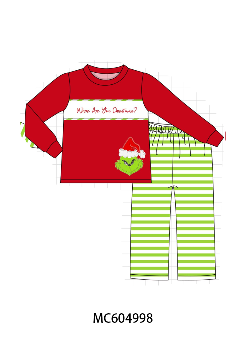 Green Grinch Applique Stripe Pants Set