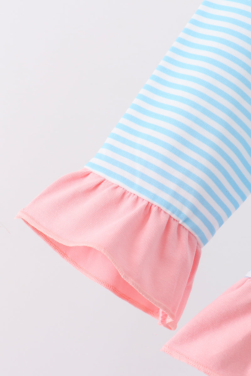 Blue Stripe Princess Embroidery Ruffle Pullover