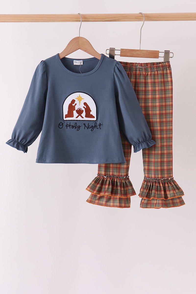 Blue Nativity Embroidery Ruffle Pants Set