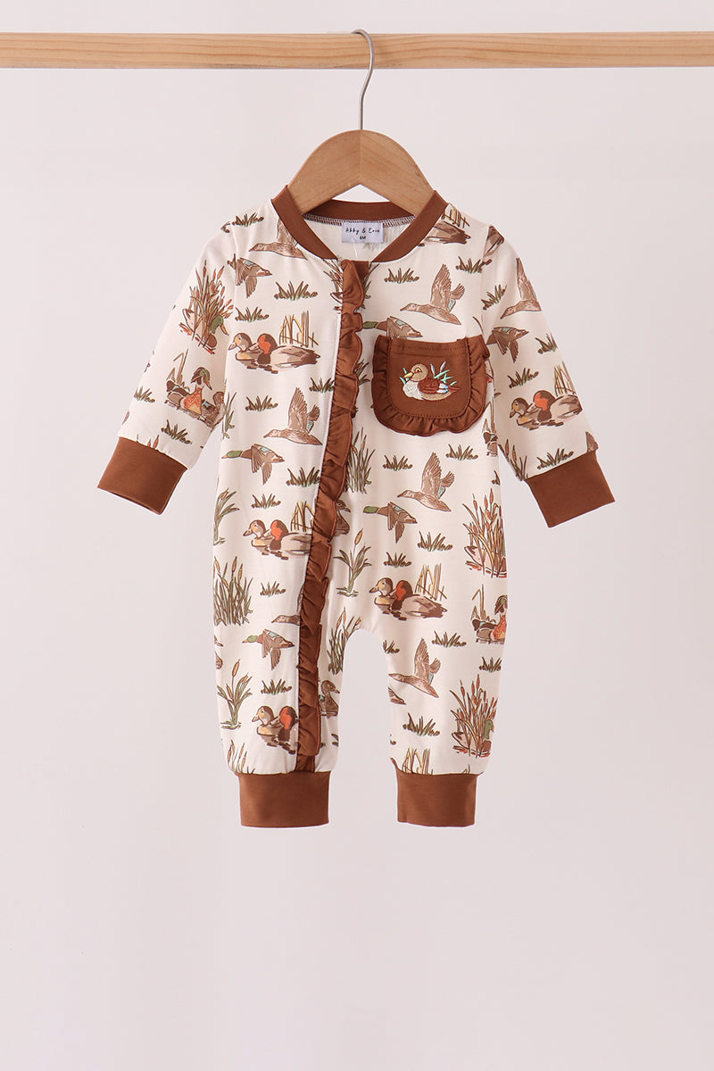 Brown Duck Embroidery Ruffle Romper