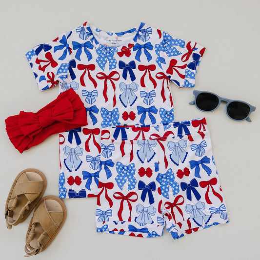 Bamboo Shorts Set | Red-White & Bows